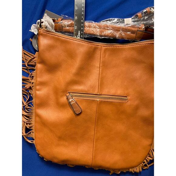 NEW Moda Luxe Brown Large Hobo Crossbody Hand Bag Purse Fringe Leather Polyure - Picture 10 of 13